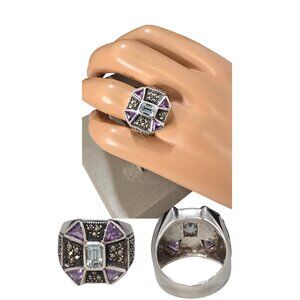 Vintage Women's Marcasite Amethyst & Blue Stone Sterling Silver Ring Size 6